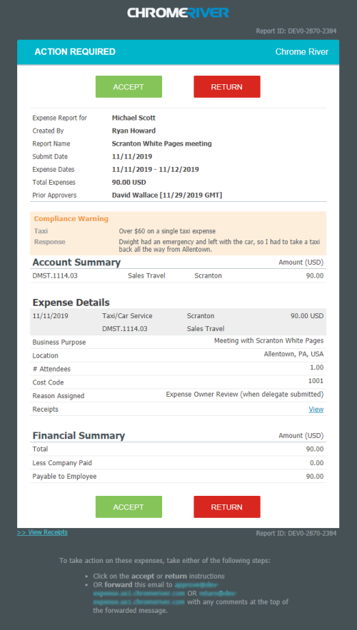 Beispiel einer Genehmigungs-E-Mail mit den Schaltflächen „Genehmigen“ und „Zurücksenden“ sowie dem darunter angezeigten Link „Belege anzeigen“