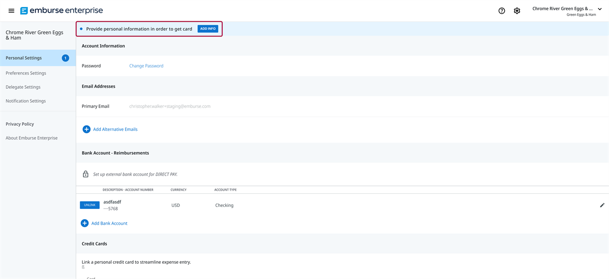 Personal Settings Page with banner at top and Add Info button