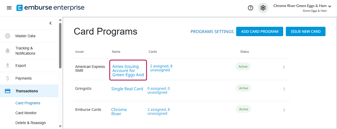 Card Programs screen with highlight around the name of a virtual card program in list