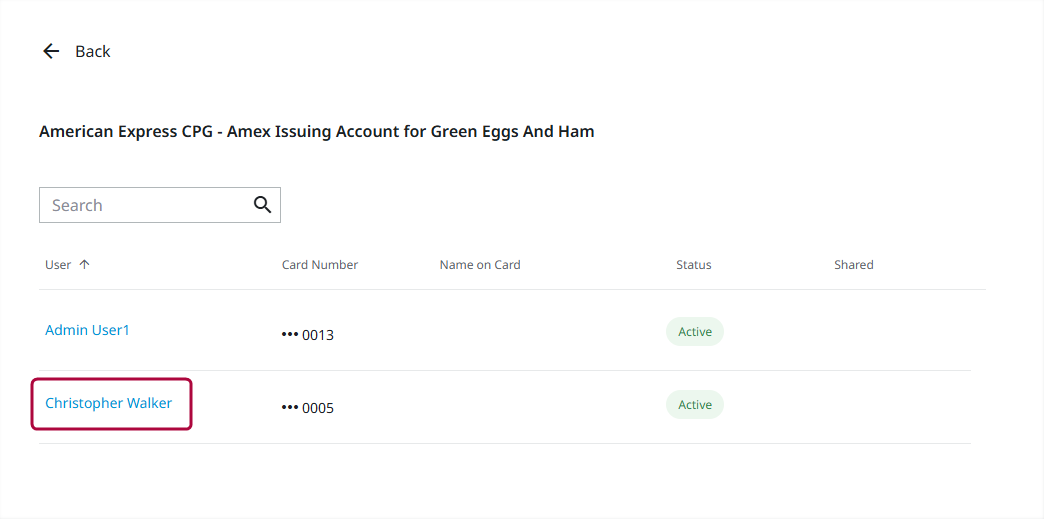 List of card program users with highlight around one user's name