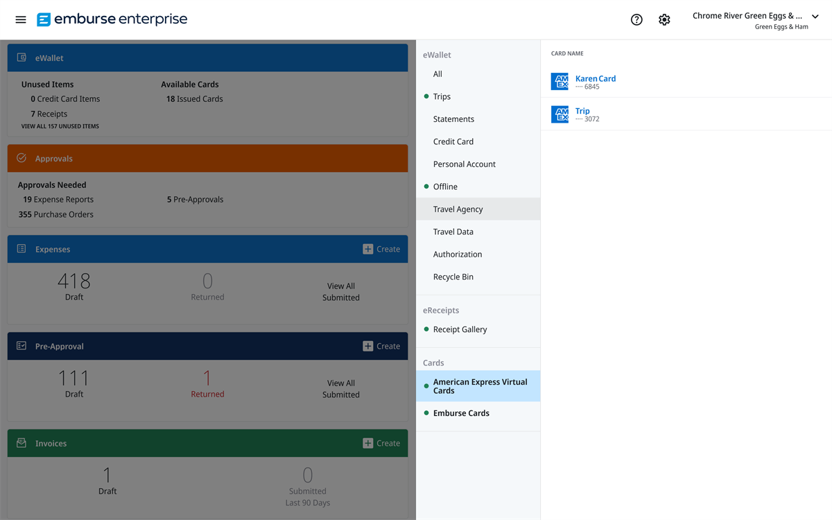 eWallet with lefthand menu showing Cards section and programs listed below plus various virtual cards displayed on the right