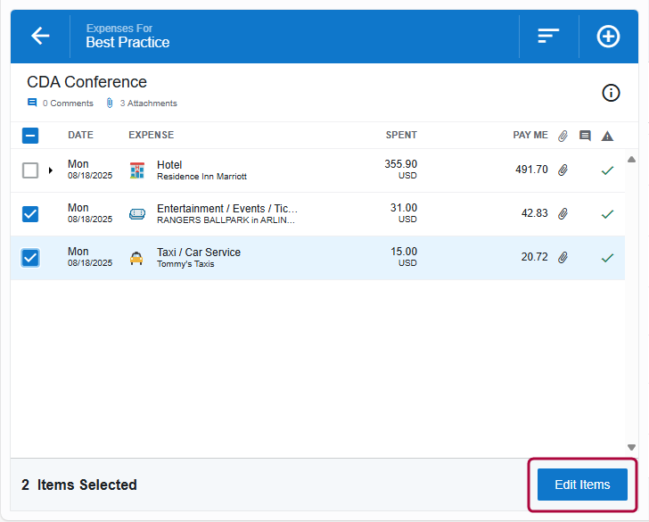 Open expense showing line items with new Edit Items button highlighted at the bottom