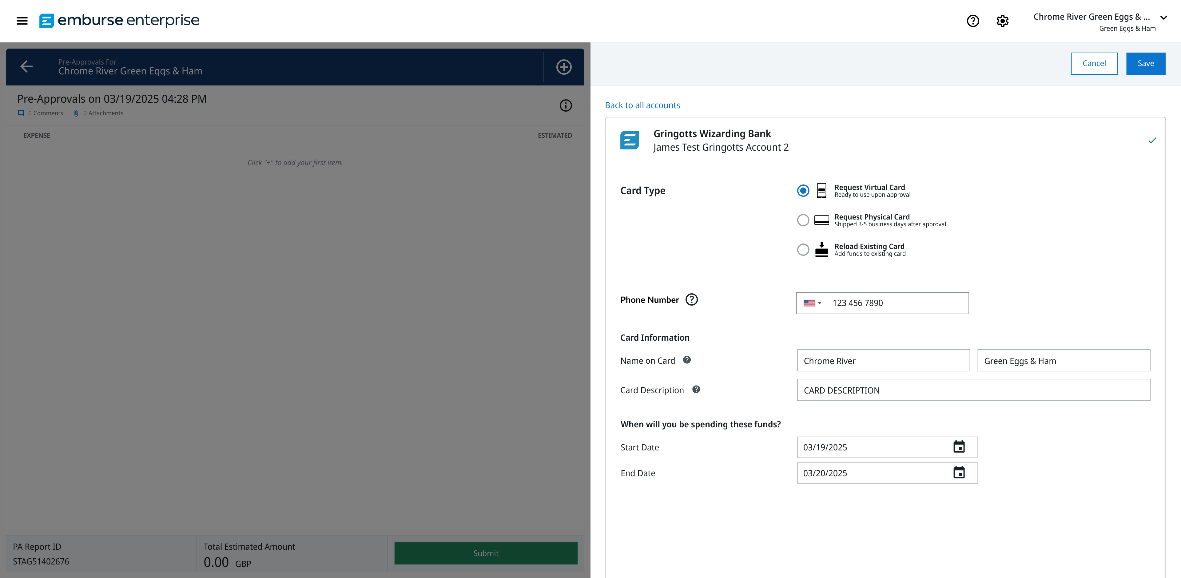 Create Pre-Approval Screen with card-type selector showing Request Virtual Card 
