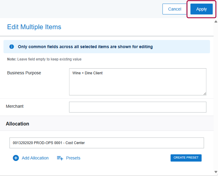 Edit Multiple Line Itens screen showing Business Purpose and Merchant UDA for editing and a highlight around Apply button