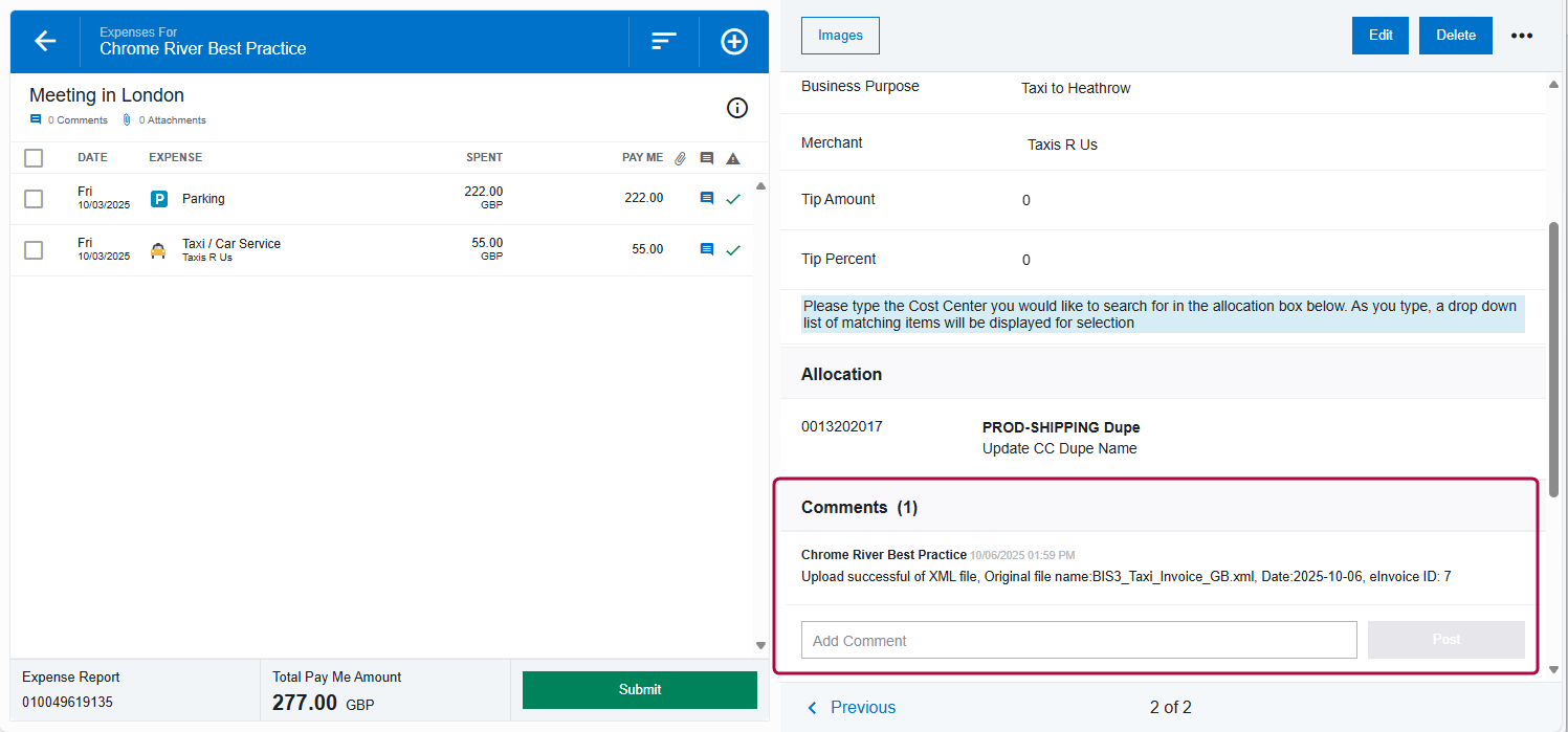 View the comment showing the uploaded XML file details for a taxi expense line item.