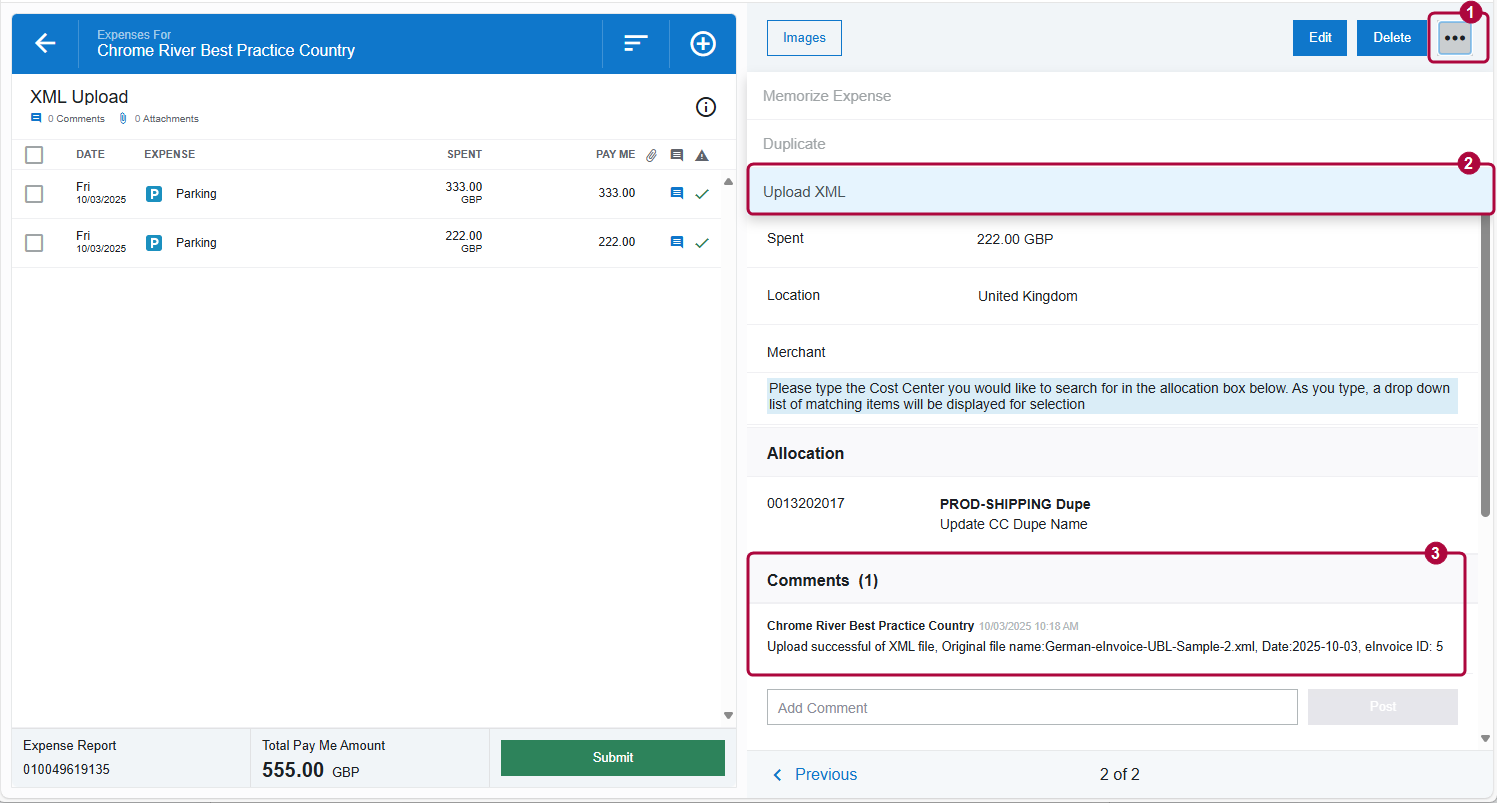 Expanded XML Upload dialog showing completed import fields and upload confirmation in progress.