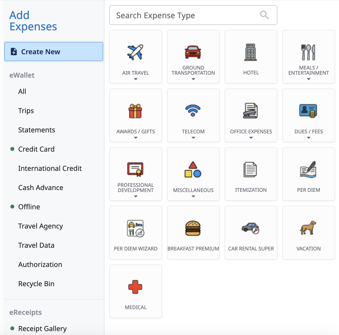 Expense Type mosaic showing larger, more colorful expense type icons