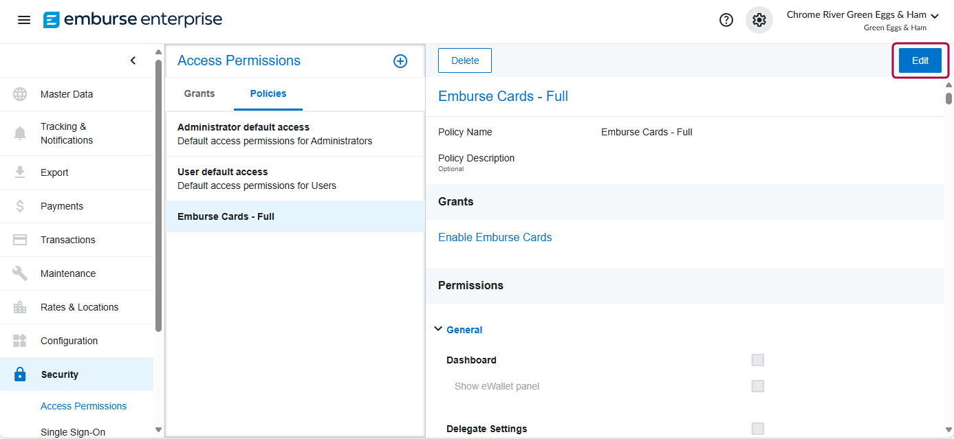 Access Permissions page on the Policies tab with the Emburse Cards policy and the Edit button visible.png
