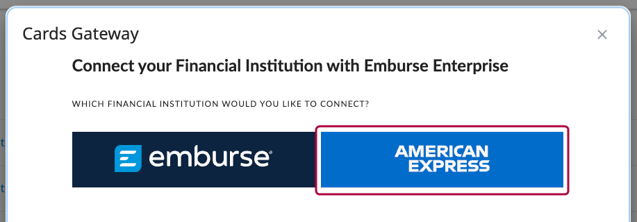 Add Card Program screen showing institution selection in Emburse Enterprise