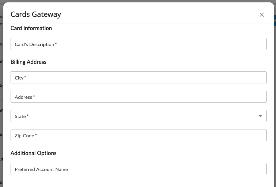 Card Information and Billing Address form fields for parent card enrollment.
