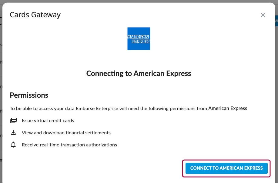 Permissions screen requesting to issue cards, view settlements, receive auths