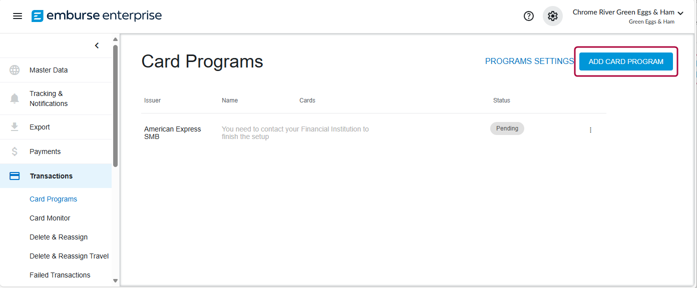 Add Card Program screen with dropdown to select participating financial institution