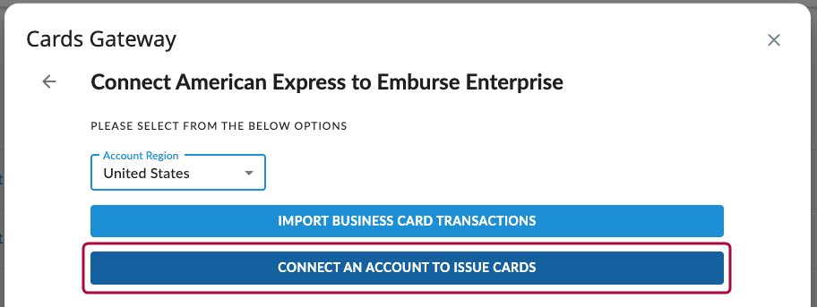 Cards Gateway with Connect an Account to Issue Cards option emphasized.