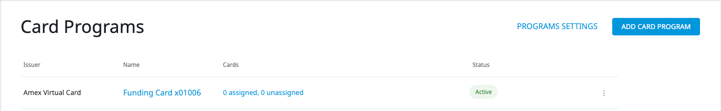 Card Programs page listing the newly enrolled funding card program