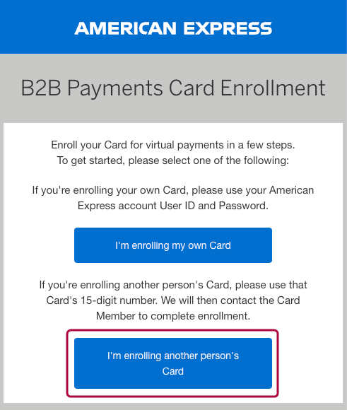 Enrollment screen with “I’m enrolling another person’s Card” button.