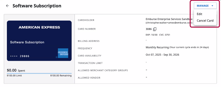 Écran des détails du titulaire de carte avec mise en surbrillance autour du bouton Gérer affichant les options de modification, de pause et d’annulation dans une liste déroulante
