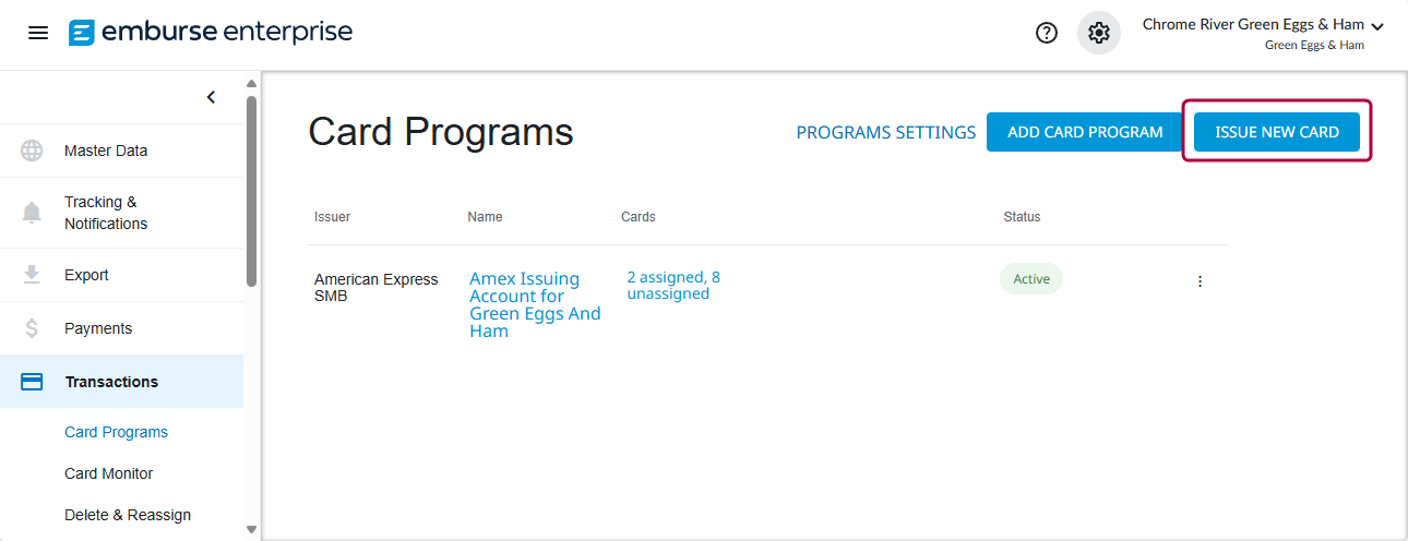 Card Programs page with Issue New Card button in Emburse Enterprise