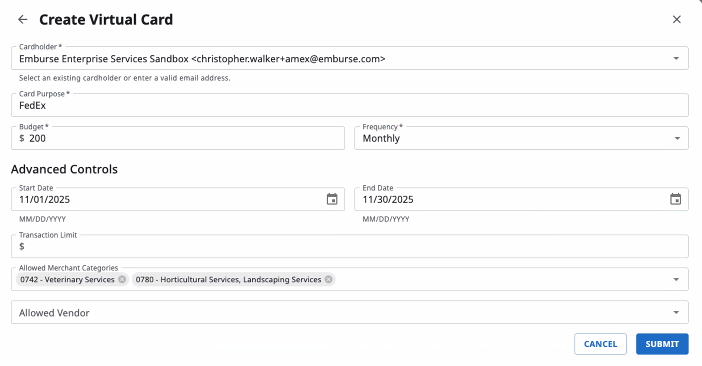 Virtual card issuance form with fields for Cardholder, Purpose, Budget, Frequency, and Advanced Controls.