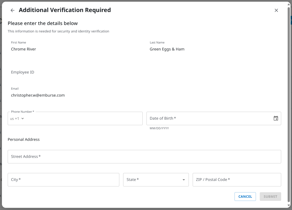 Additional Verification Required form to enter name, address, phone, and date of birth.