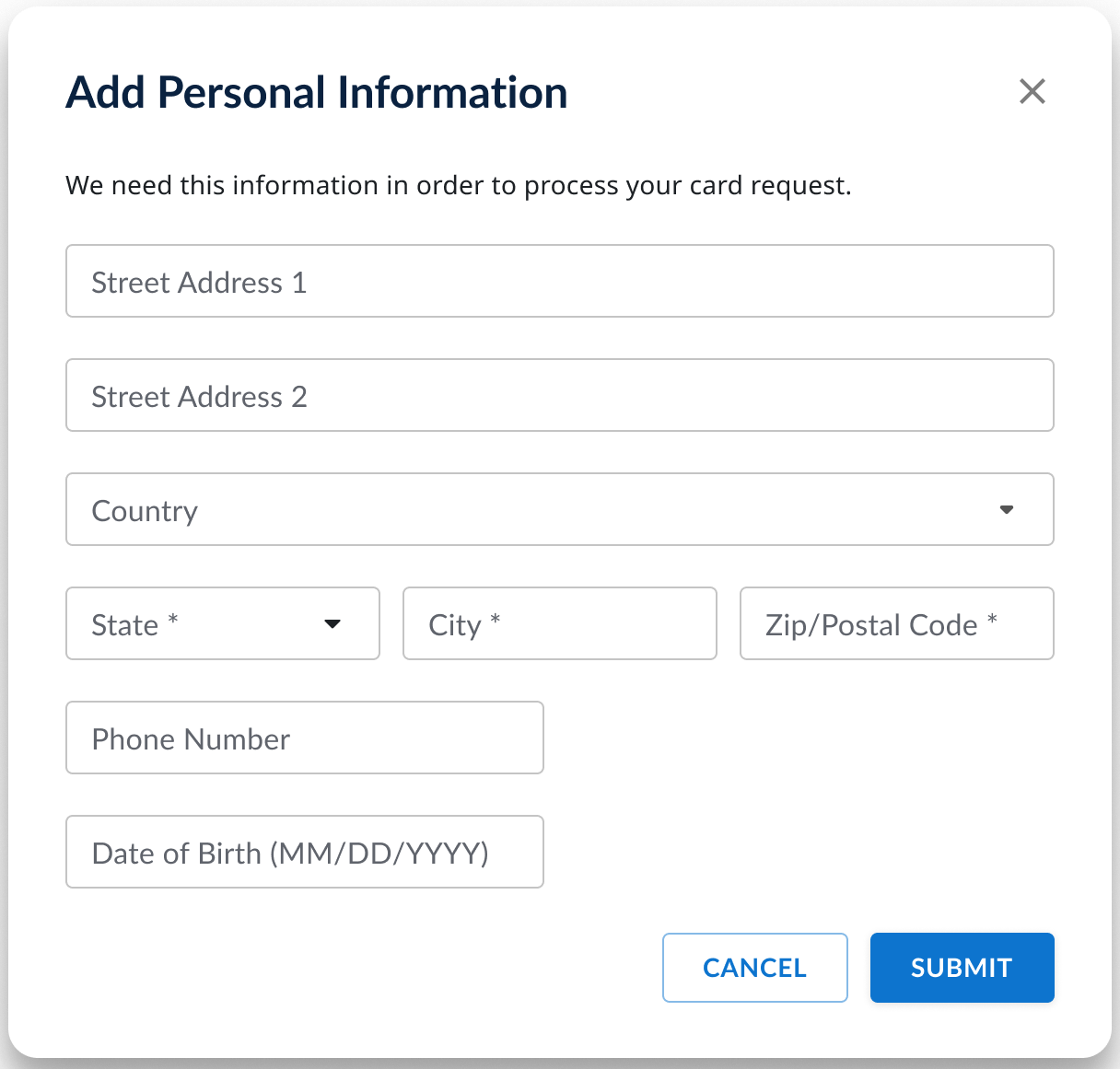 Add Personal Info screen with fields for details like address and phone number
