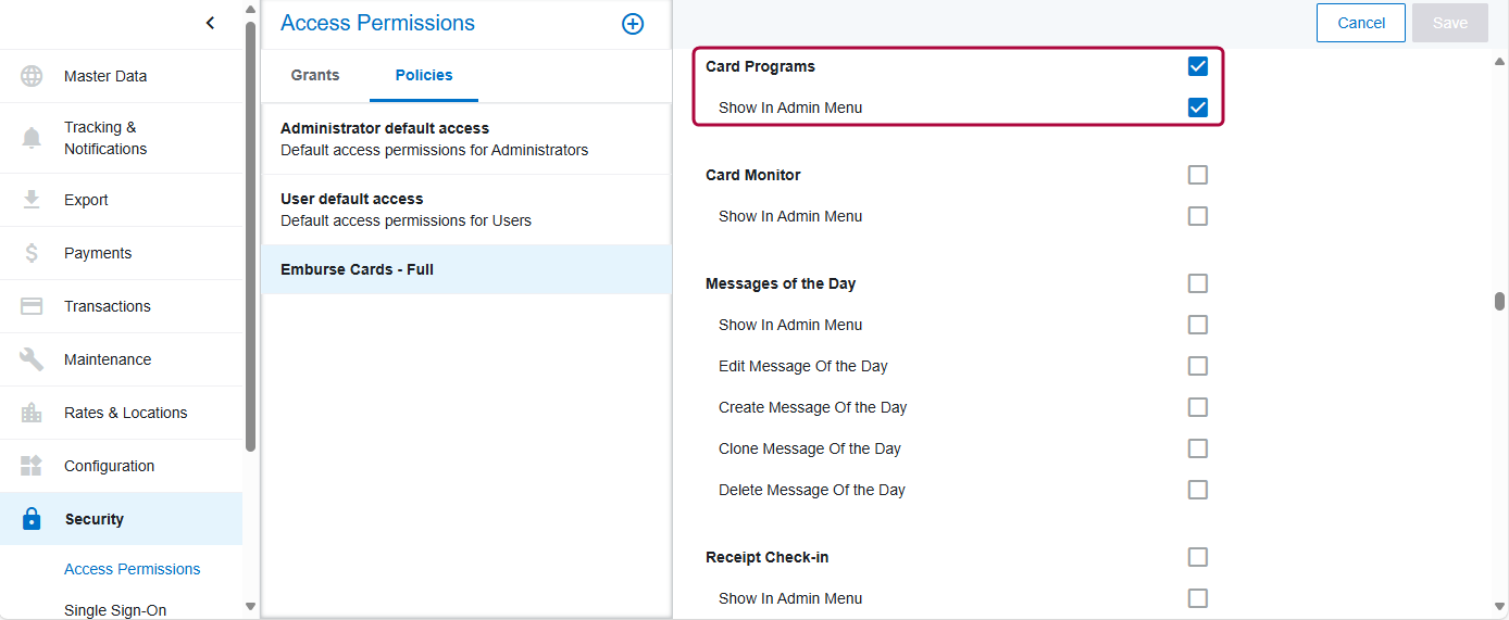 Card Programs permissions with ‘Show in Admin Menu’ selected
