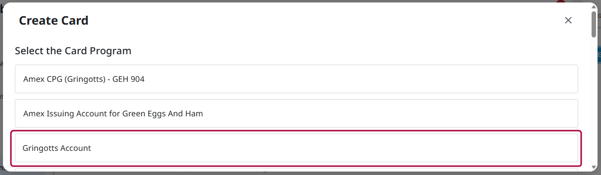 Confirmation screen with selectable options for linking a card program to the user profile.