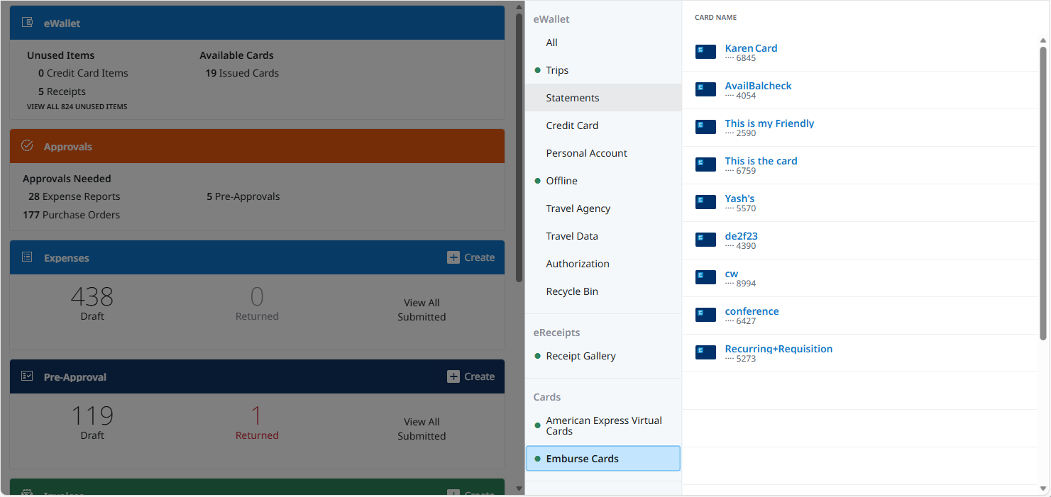 User eWallet screen showing linked cards, balance summary, and transaction history.