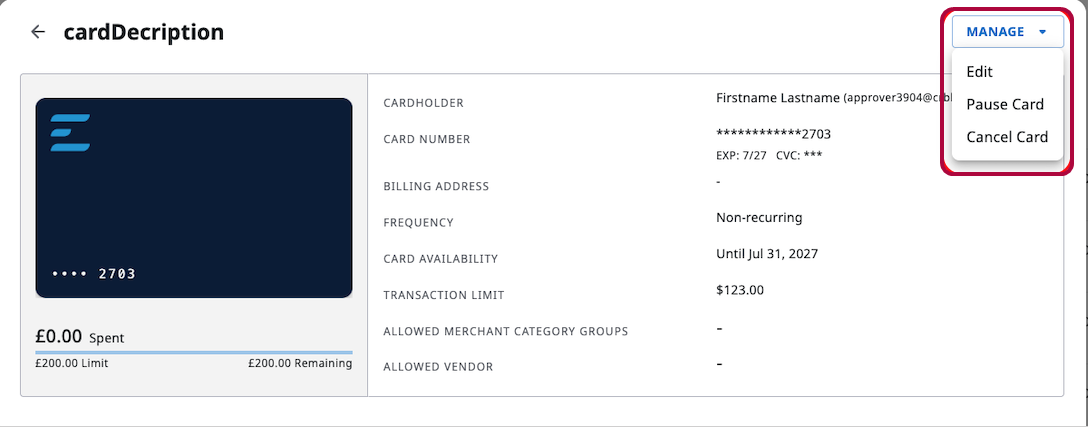 Card details page with “Manage” menu open showing Edit, Pause Card, and Cancel Card options.