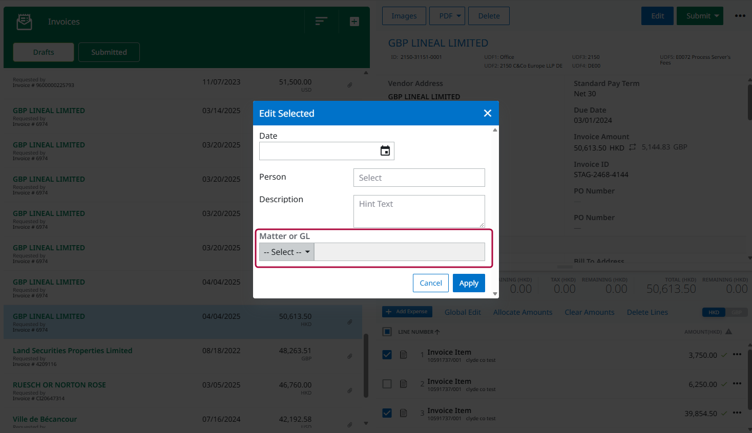 Global Edit window in Emburse Enterprise Invoice showing editable invoice line item fields. The Matter or GL dropdown field is highlighted to show where users can apply allocations across multiple invoice line items.