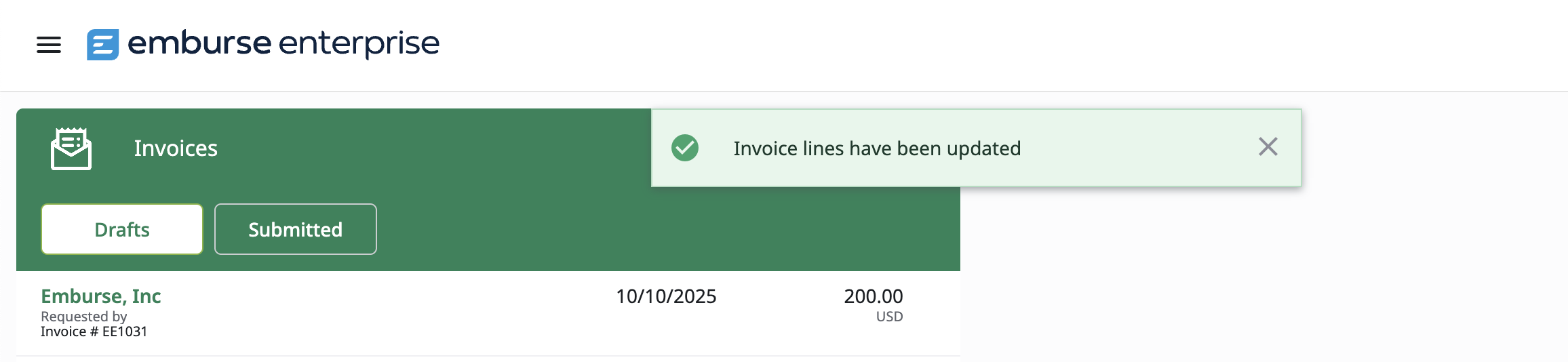 Top of Invoice Drafts list with a confirmation message stating that invoice line items have been updated