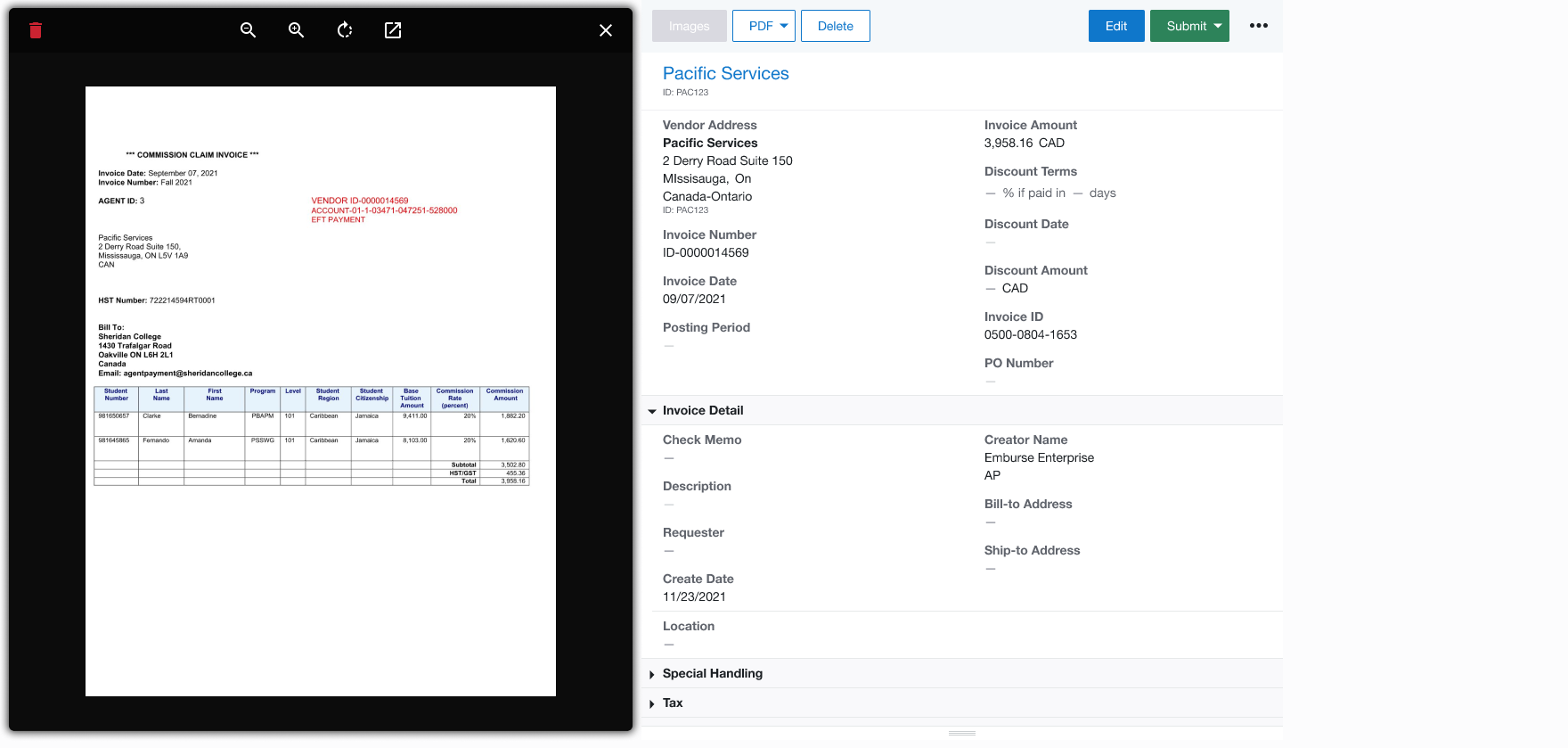 A validated invoice displayed as a standardized PDF-like view in the Enterprise Image Viewer.