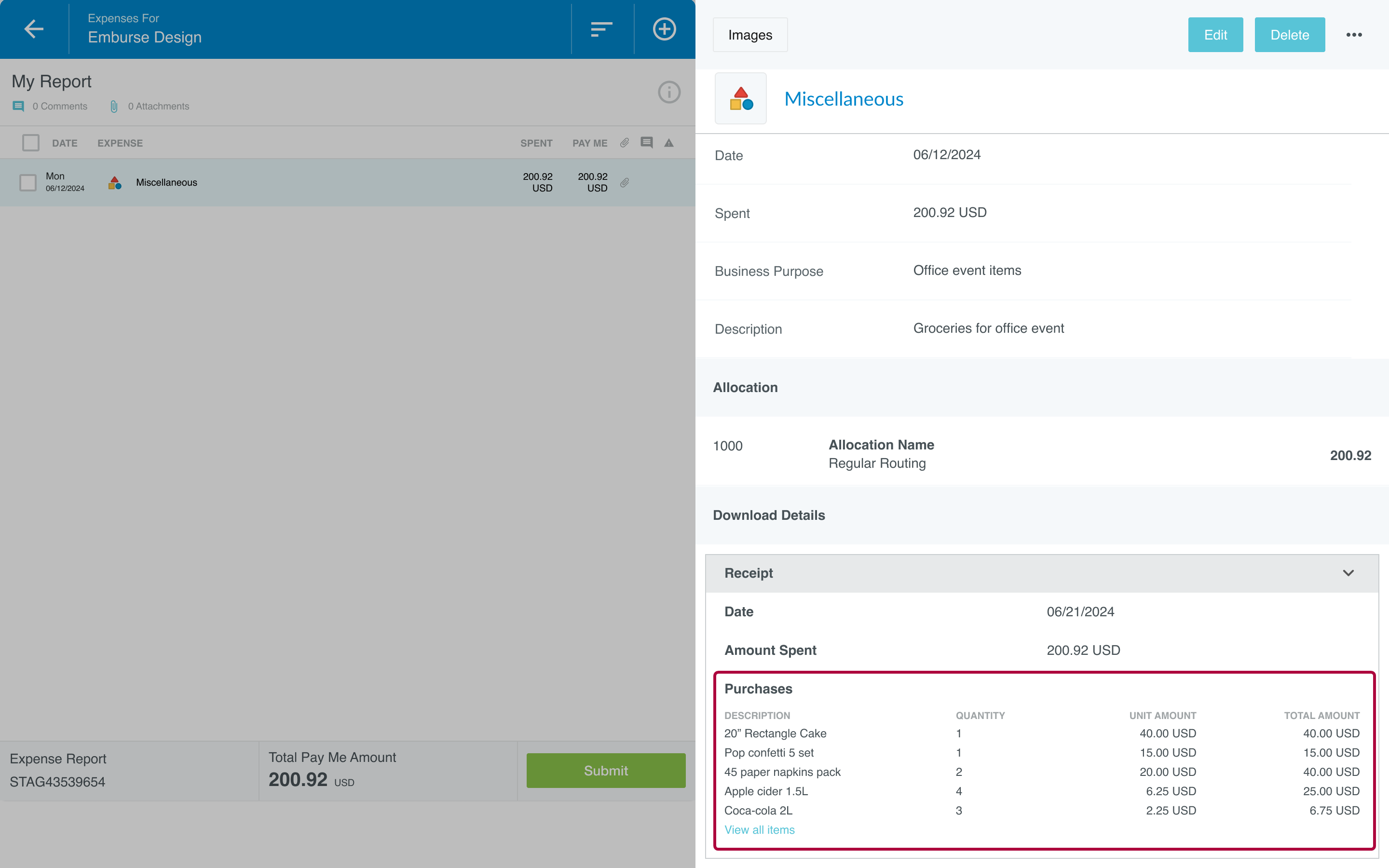 Detailansicht einer Ausgabe in Emburse Enterprise mit Anzeige einer Spesenabrechnung mit Kaufdetails. Der Abschnitt „Käufe“ listet einzelne Einzelpositionen einschließlich Beschreibung, Menge, Einzelbetrag und Gesamtbetrag für Artikel wie Kuchen, Servietten und Getränke auf.