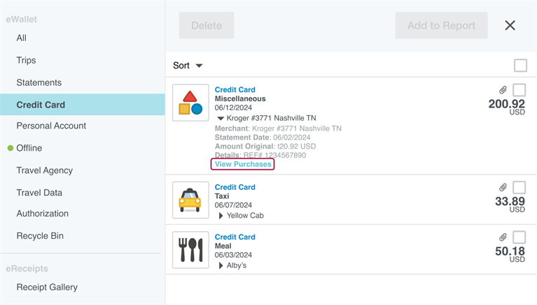 Credit Card list in eWallet with a selected transaction displaying the View Purchases link for itemized purchase details.