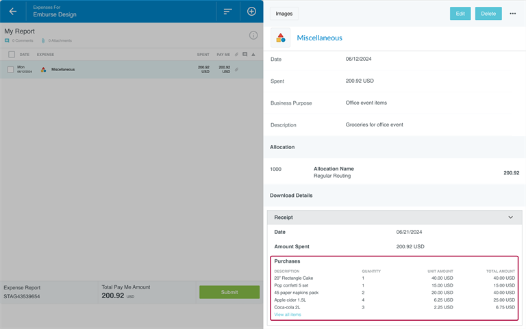 Expense details screen showing the Downloaded Details section expanded with a list of item-level purchases and quantities