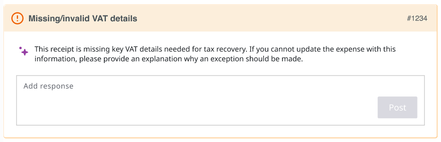 Example of a warning compliance message requesting additional information for missing or invalid tax details. The message requires a response but does not block submission.