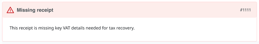 Example of a violation message indicating missing receipt information. The message is shown in a warning state and requires the user to take action before submission.