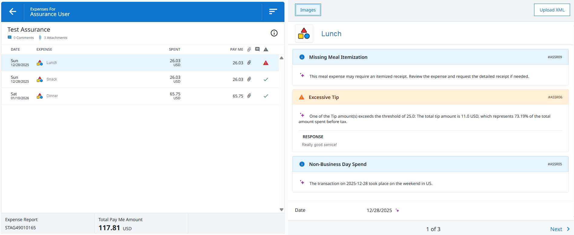 Pre-submission expense screen showing Emburse Assurance guidance and warnings for a meal expense, including missing itemization, excessive tip, and non-business day spend.