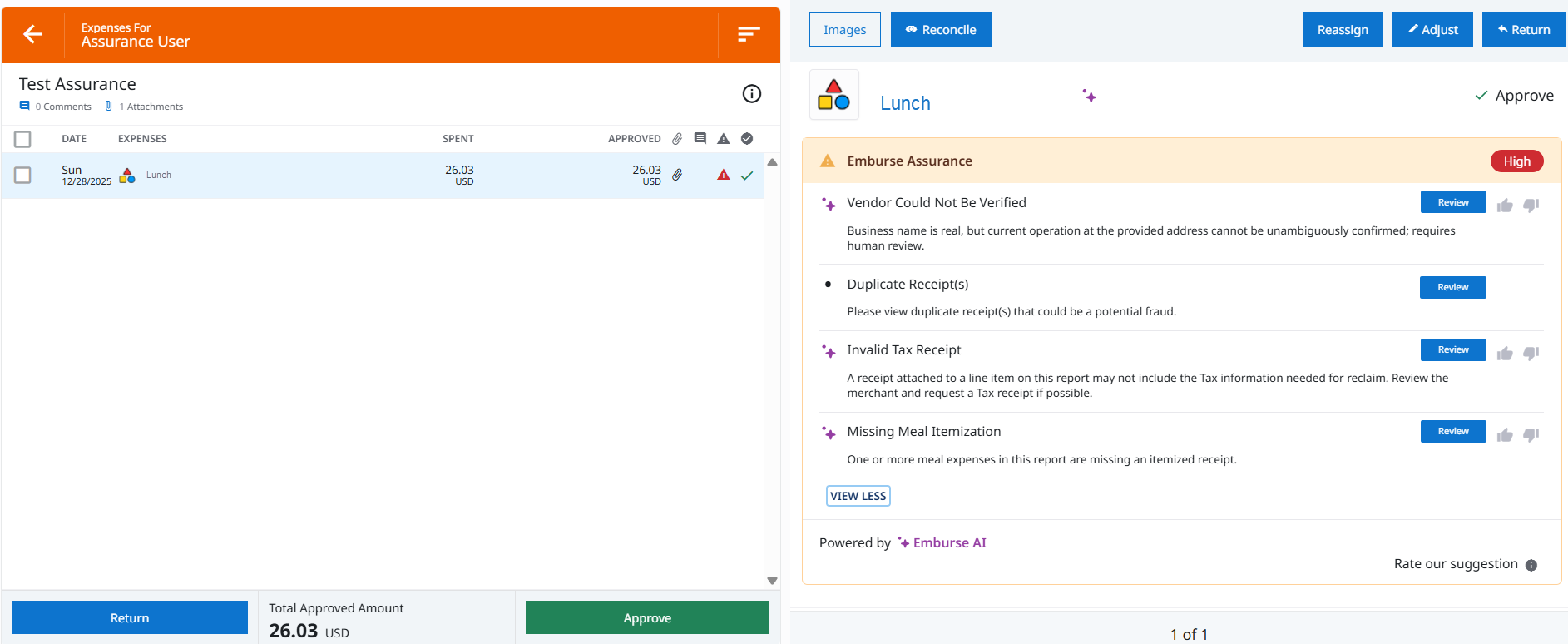 Post-submission expense review screen showing multiple Emburse Assurance findings with risk indicators. The view highlights checks that require reviewer attention during approval or audit.