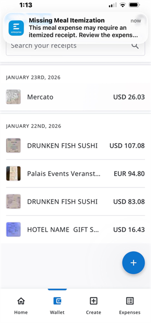 Mobile app screen showing a proactive alert during receipt capture. The alert notifies the user that a meal receipt may require itemized details so the user can upload a different receipt if available.