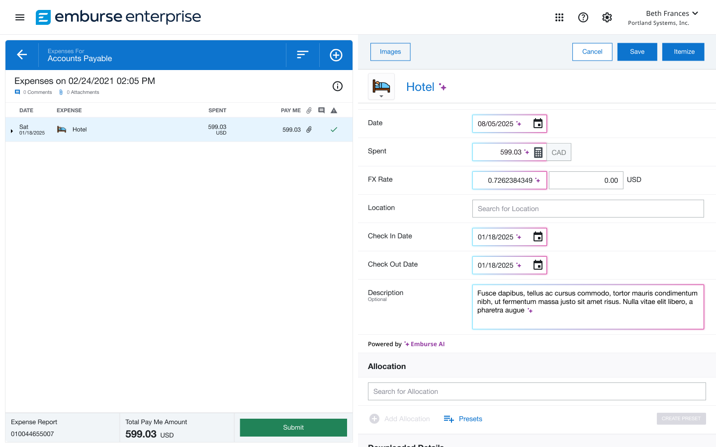 Expense form showing purple glow and sparkle icons indicating fields populated by Emburse AI.