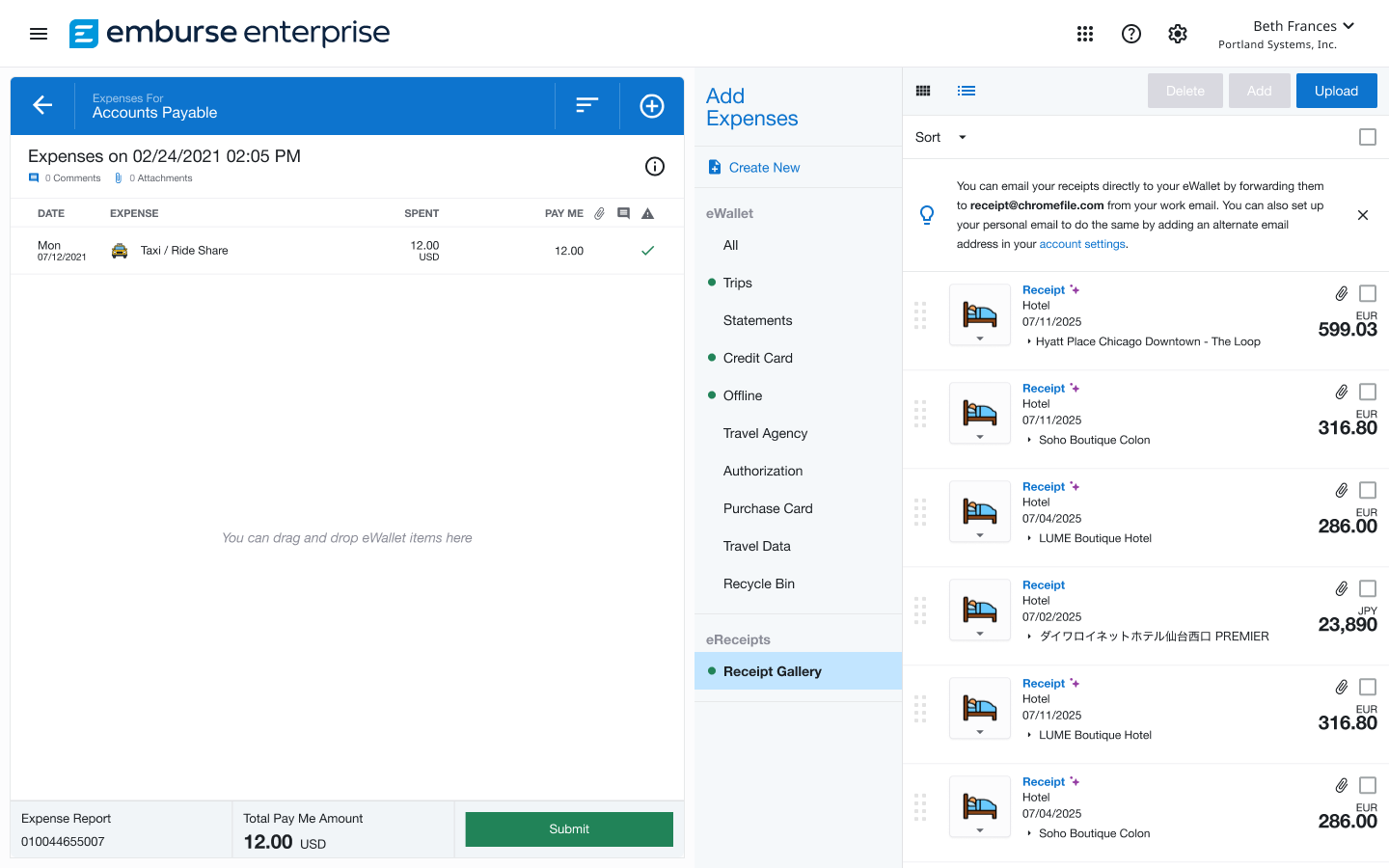 Galerie de reçus montrant des reçus avec des icônes scintillantes indiquant qu’ils ont été traités par Emburse AI.
