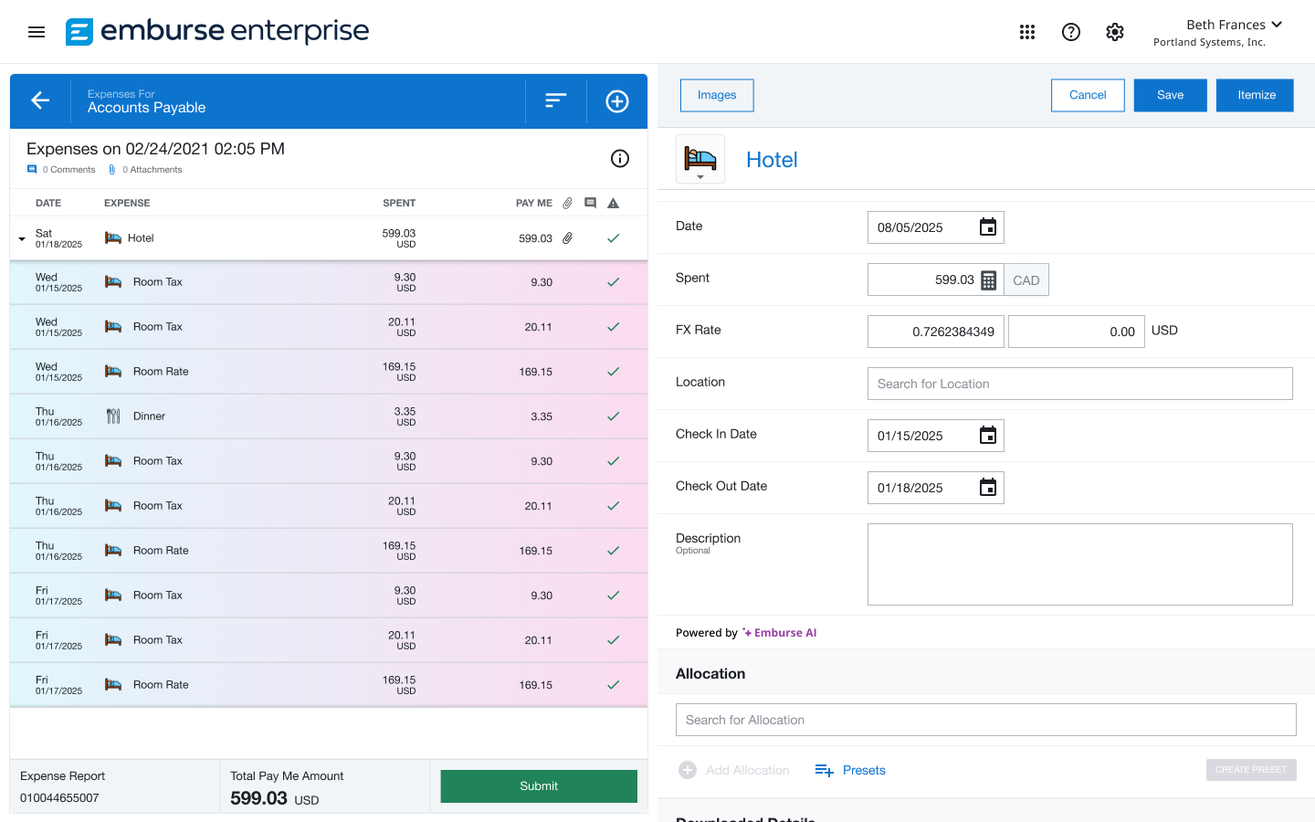 Expense report with a hotel folio automatically itemized into multiple line items, shown with a purple glow from Emburse AI.