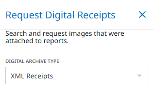 Request Digital Receipts panel with Digital Archive Type set to XML Receipts.