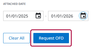 Request Digital Receipts screen highlighting the Request OFD button with an attached date range selected.