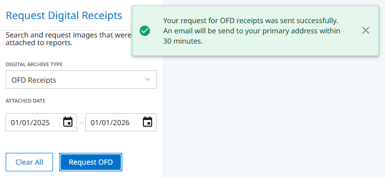 Confirmation message indicating the OFD receipt request was sent successfully and that an email will be delivered within 30 minutes.