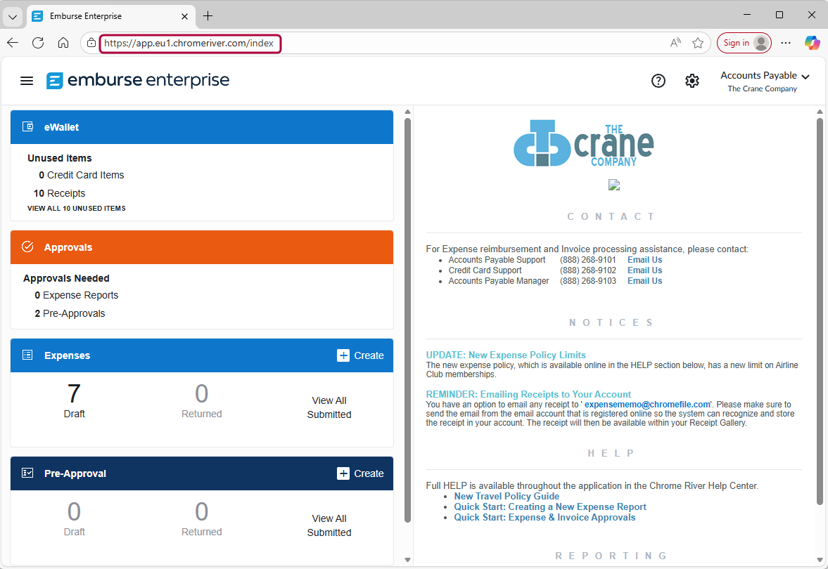 Écran d’accueil d’Emburse Enterprise affiché dans un navigateur Web, avec surbrillance de la barre d’adresse URL indiquant l’URL associée à l’instance Europe 3.