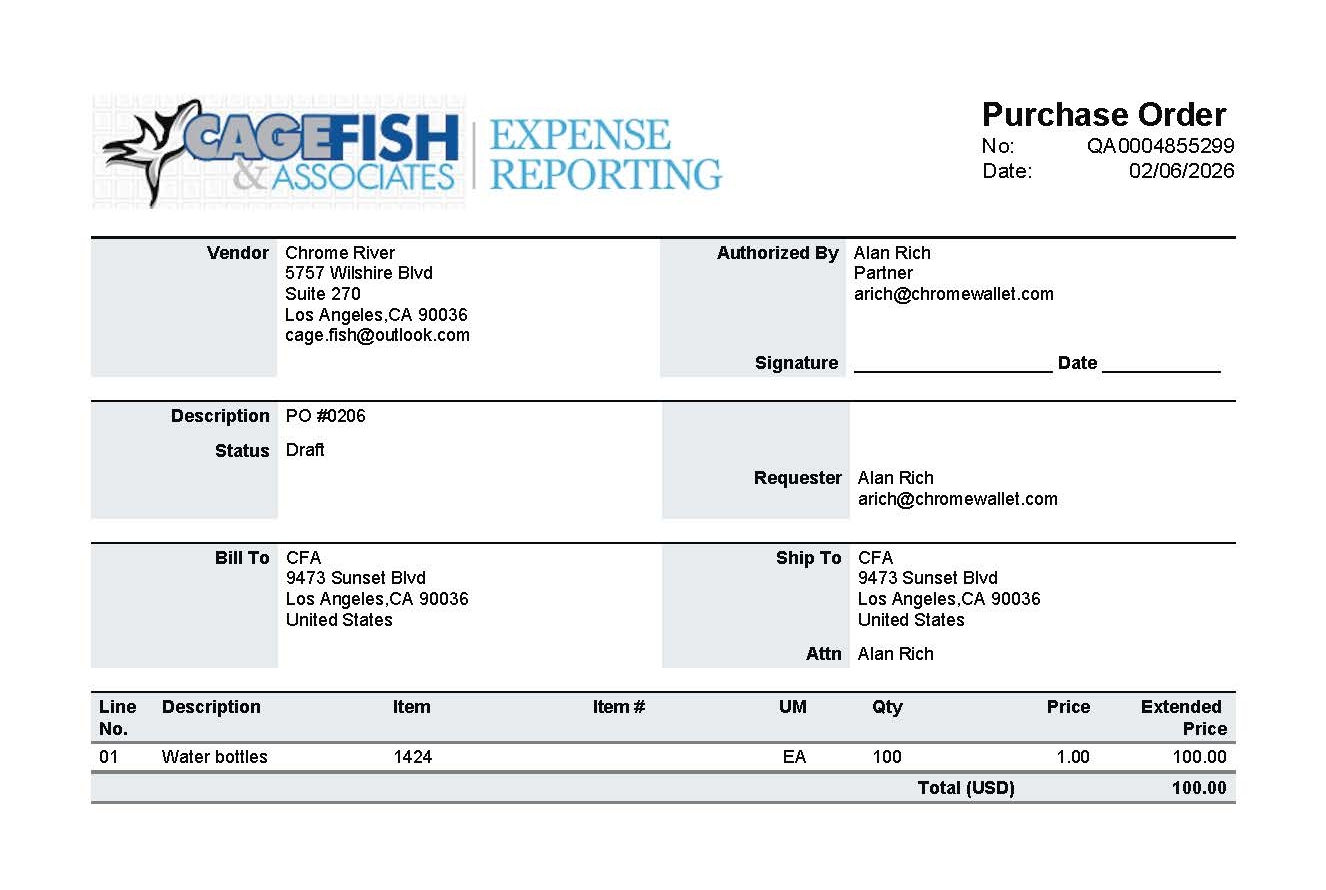 Preview of the updated default Purchase Order PDF showing a cleaner layout with wider columns, consolidated header details, and addresses moved to the bottom of the document.