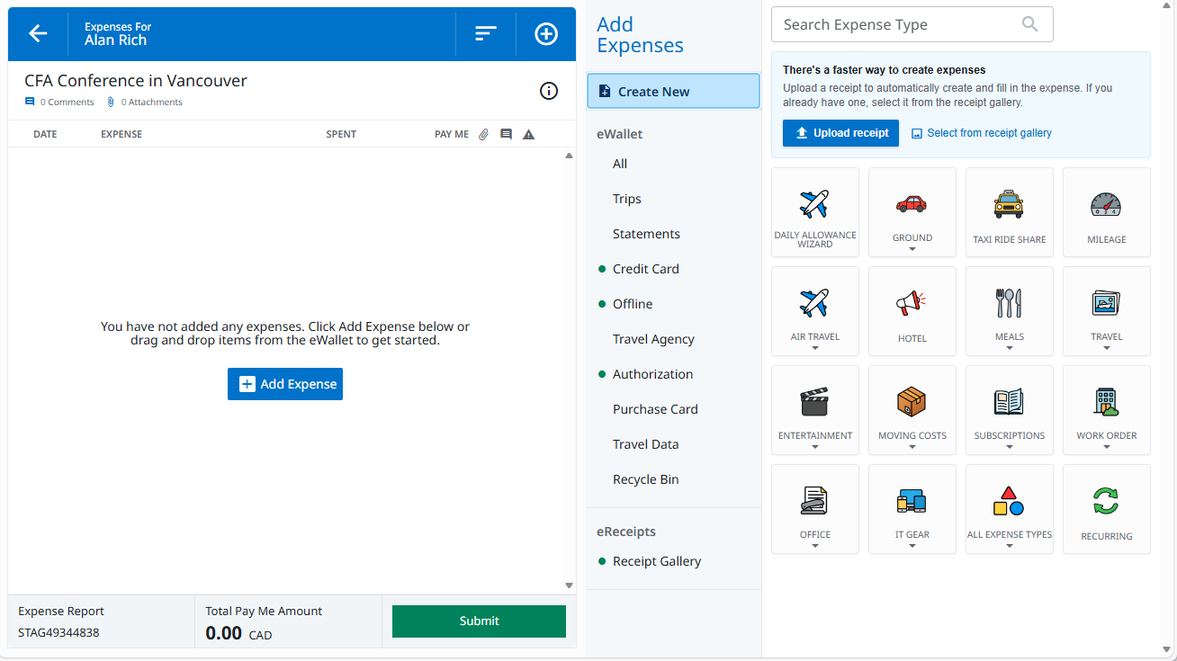 Add Expenses screen with Create New tab, receipt upload buttons, and expense type tiles