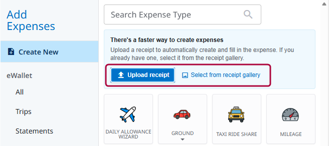 Create New tab showing Upload Receipt and Select From Receipt Gallery buttons