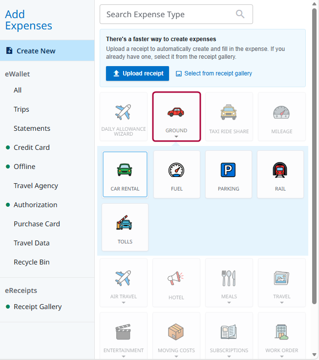 Add Expenses screen with Ground category selected and subcategory tiles displayed